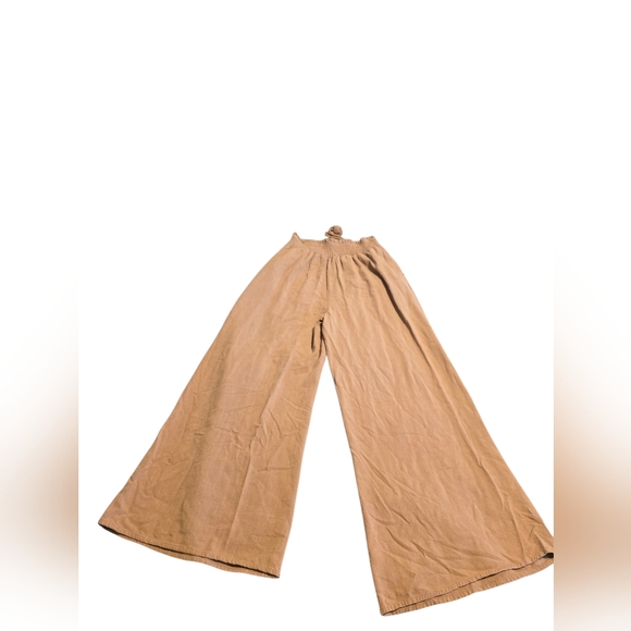 Linen Blend Tan Wide-Leg Elastic Ruched Waist Pants Size Small EUC - Picture 5 of 6